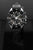 Herrenarmbanduhr frontansicht: schwarzes Zifferblatt, Chronograph, schwarzes Lederarmband