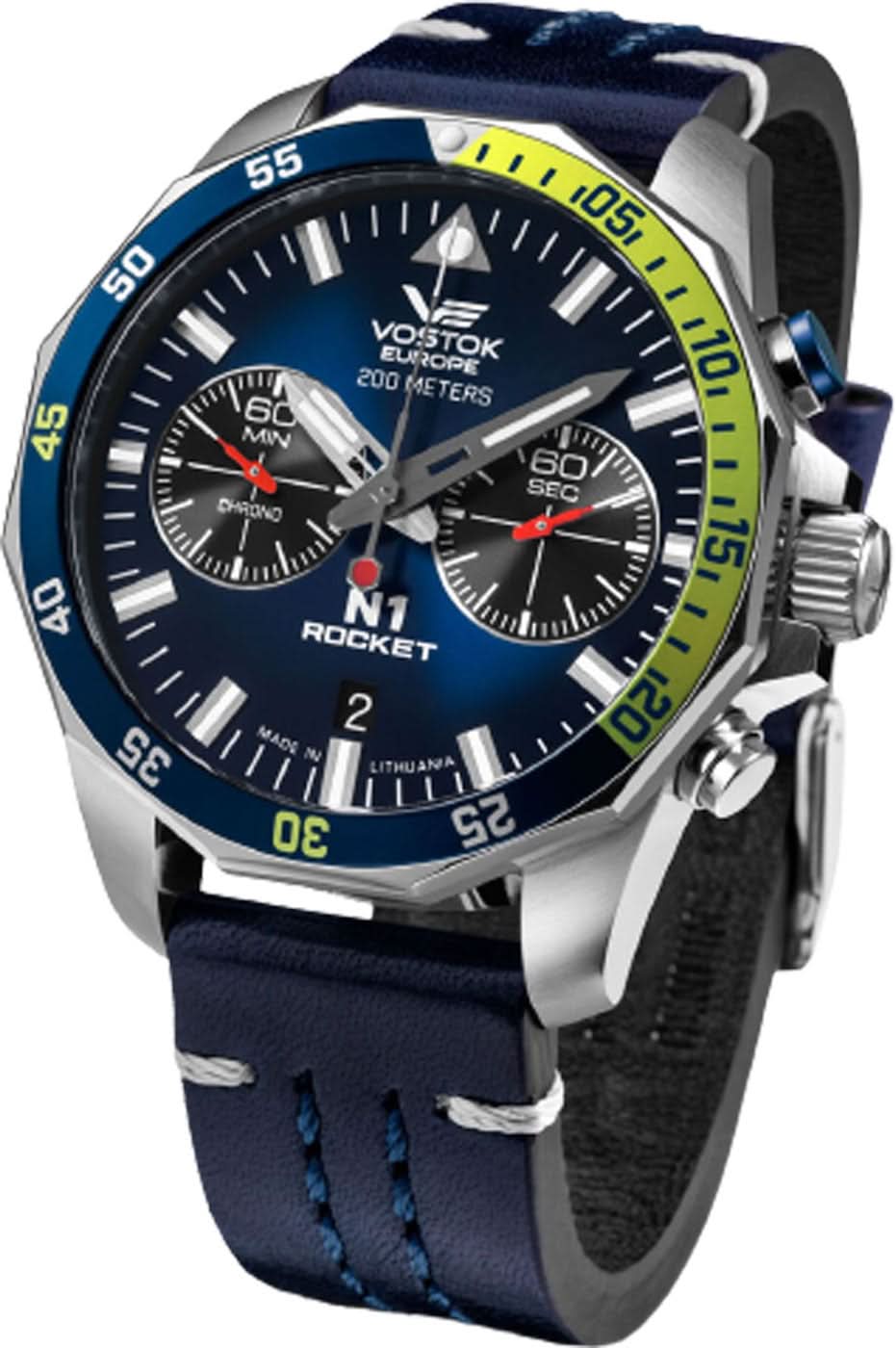 Montre homme avec cadran bleu foncé, design chronographe et bracelet en cuir bleu foncé