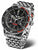 Montre homme avec bracelet en métal, cadran noir et lunette rouge, chronographe