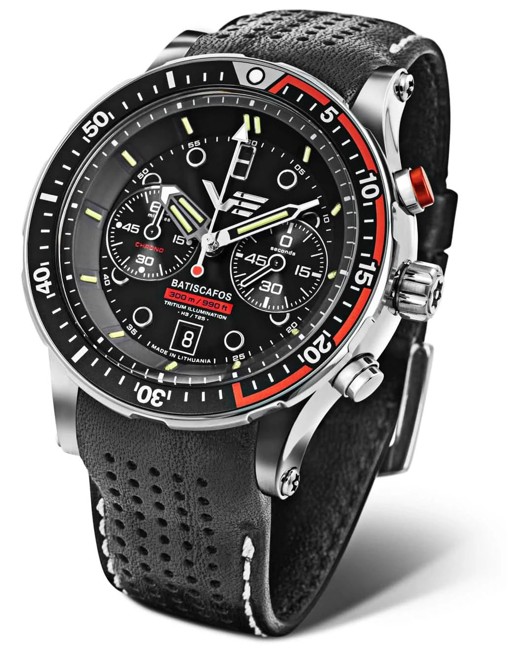 Montre homme avec cadran noir, lunette rouge et bracelet noir perforé