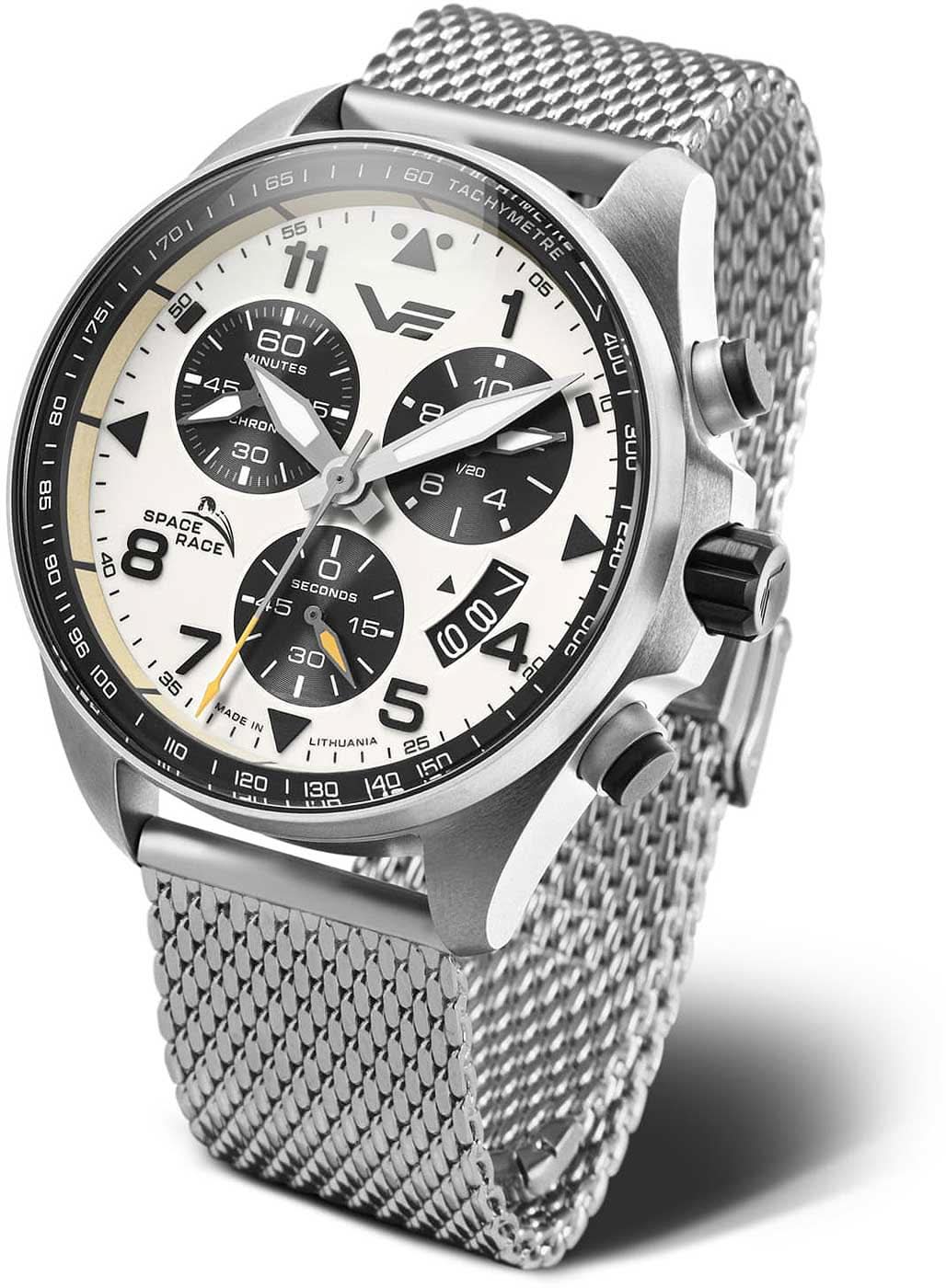 Montre pour homme : bracelet milanais argenté, cadran chronographe noir/blanc