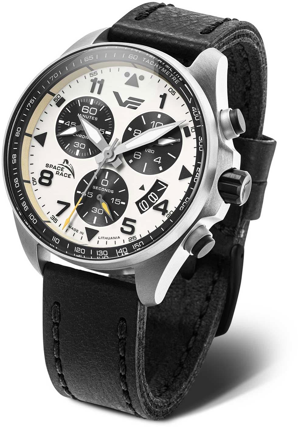 Montre chronographe pour homme avec cadran noir, compteurs blancs et bracelet en cuir