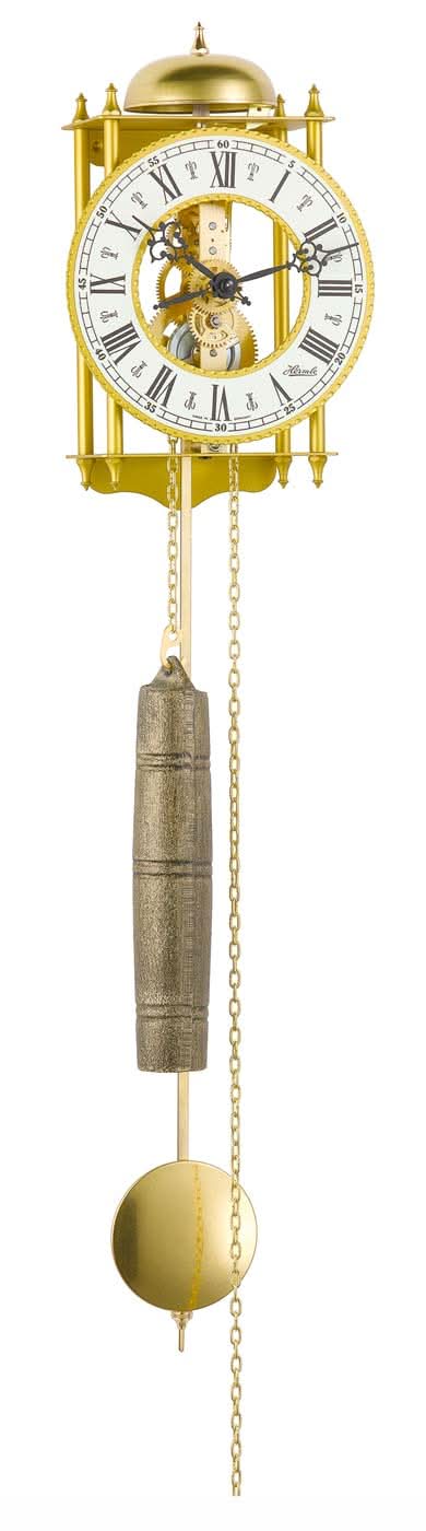 Hermle Wanduhr, runde Metallpendeluhr in Gold mit römischem Zifferblatt und Kettengewicht