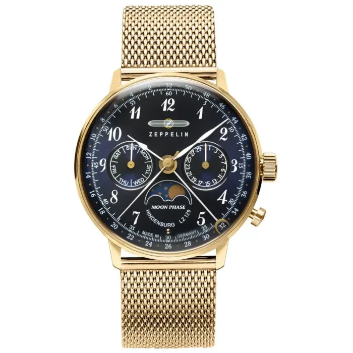 Zeppelin Herrenuhr mit schwarzem Zifferblatt, goldfarbener Edelstahl-Meshband und Mineralglas