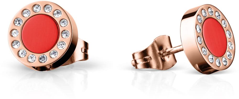 Boucles d'oreilles avec pierre rouge ronde et pierres scintillantes sur le bord, monture couleur or rose