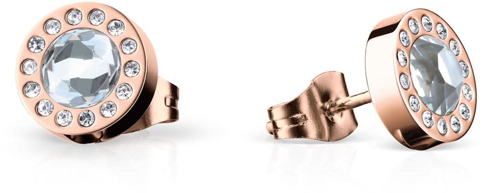 Boucles d'oreilles en acier inoxydable couleur or rose avec pierre grise ronde et petites pierres décoratives en cercle