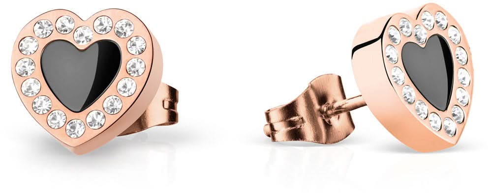 Clous d'oreilles en forme de cœur en acier inoxydable avec cœur noir et monture plaquée or rose, ornés de pierres scintillantes