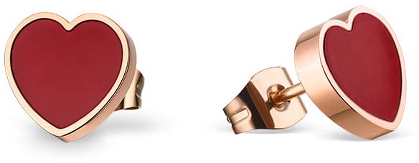 Herzförmige Ohrringe aus Metall mit rotem Einleger, Roségoldfarbenes Finish