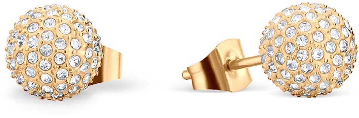 Ohrstecker, goldfarbene Kugel mit vielen funkelnden Steinchen besetzt