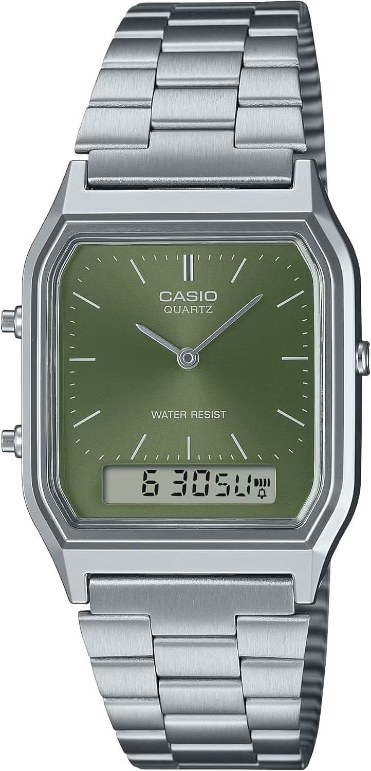 Casio Vintage montre avec cadran vert, bracelet en métal argenté et affichage