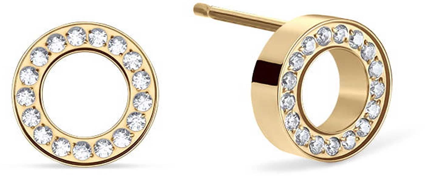 Clous d'oreilles ronds dorés avec couronne de strass et incrustations de pierres claires
