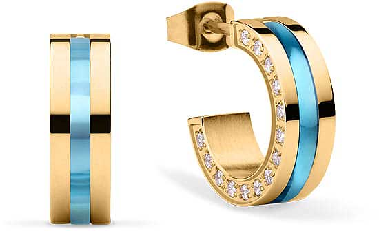 Créoles carrées en acier inoxydable avec strass, bordure dorée et rayure bleue