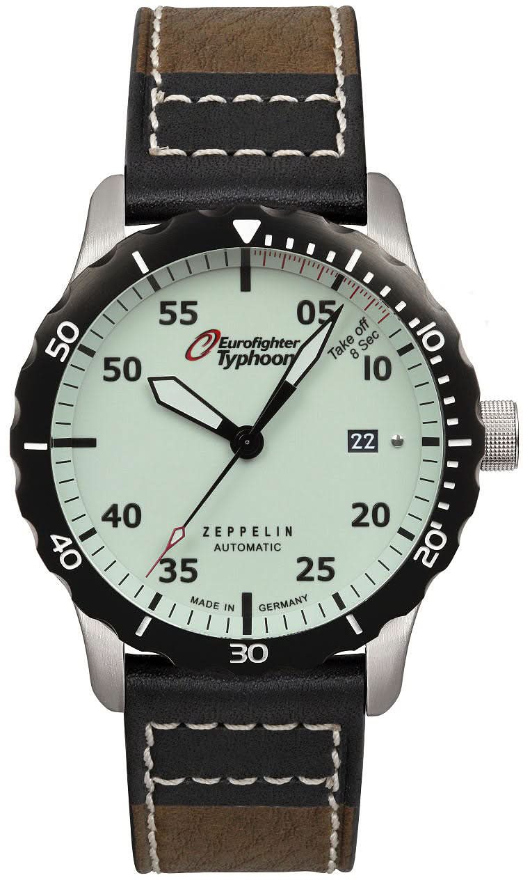 Montre automatique pour homme Zeppelin, boîtier noir, cadran beige, bracelet en cuir.