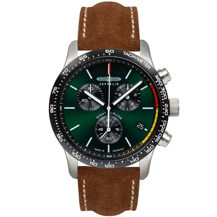 Herrenarmbanduhr Zeppelin mit grünem Zifferblatt, Chronographen-Subdials und braunem Lederband