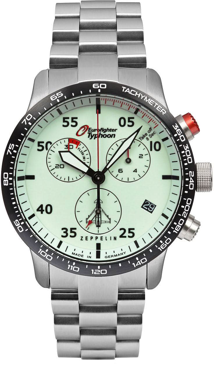 Montre homme avec bracelet en métal argenté, cadran blanc et lunette tachymètre