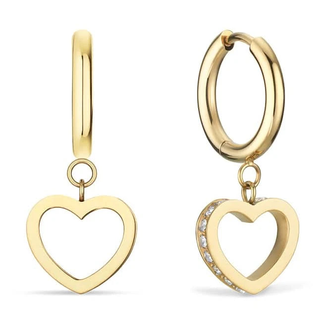 Boucles d'oreilles Bering : créoles dorées avec pendentif cœur et pierres de zircon