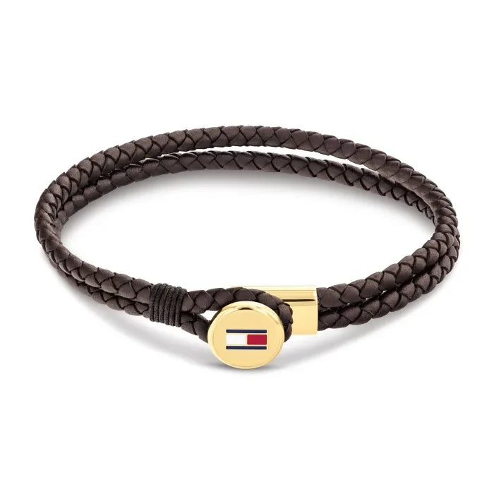 Tommy Hilfiger Herren-Lederarmband, geflochten dunkelbraun, goldfarbener Logo-Verschluss