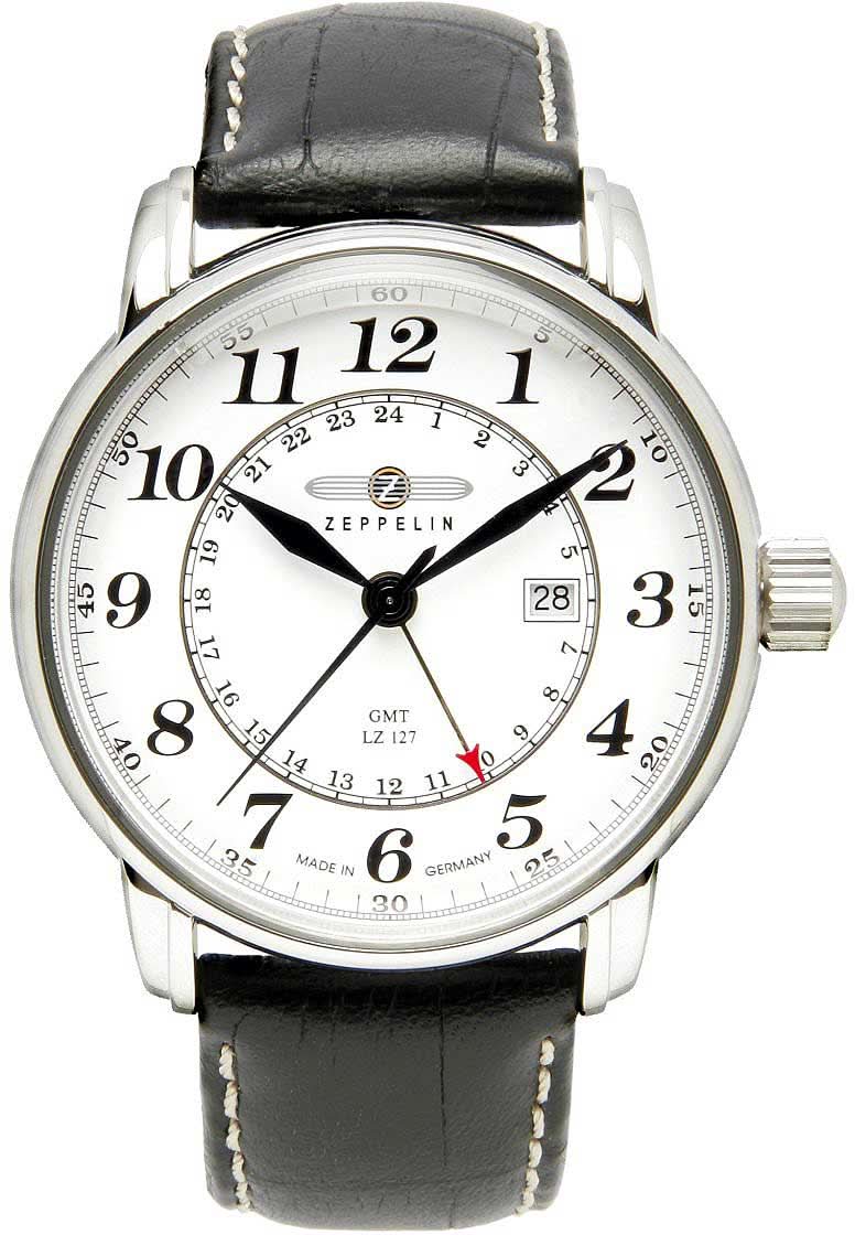Montre bracelet homme Zeppelin : boîtier rond argenté, bracelet en cuir noir, cadran blanc avec GMT.