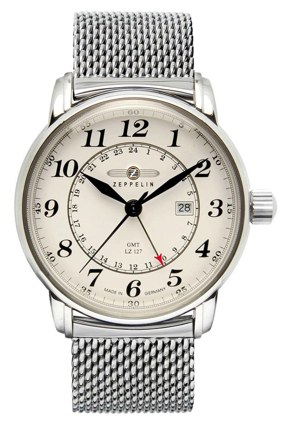 Montre homme avec bracelet en maille argentée, cadran analogique et guichet date à 3h