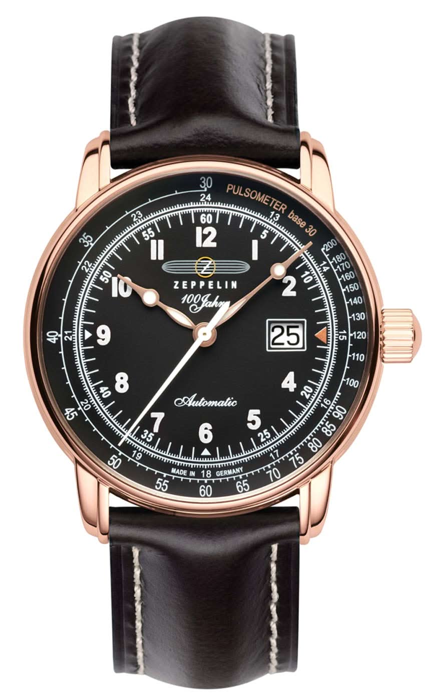 Montre homme avec cadran noir et bracelet en cuir noir, boîtier en or rose