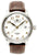 Herrenuhr: silbernes Gehäuse, weißes Zifferblatt, braunes Lederband, Datumsfenster
