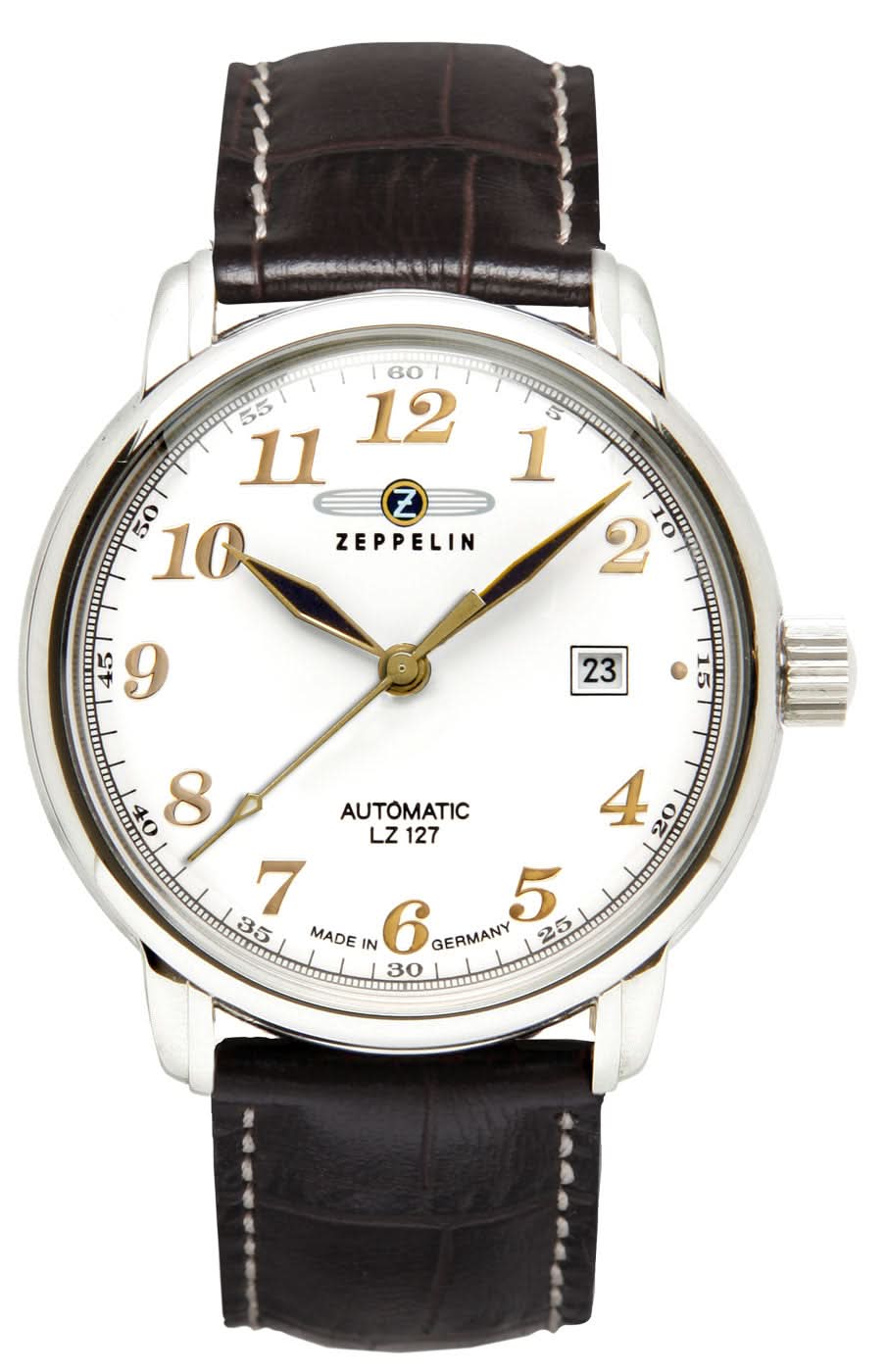 Herrenuhr: silbernes Gehäuse, weißes Zifferblatt, braunes Lederband, Datumsfenster