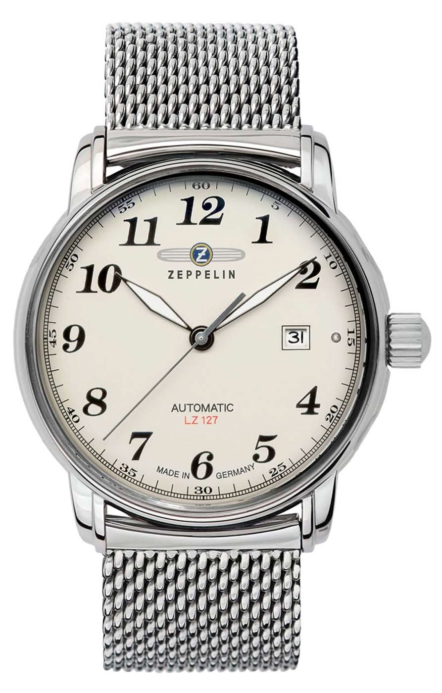 Herren- Automatik-Uhr mit silbernem Mesharmband, cremefarbenem Zifferblatt und Datum