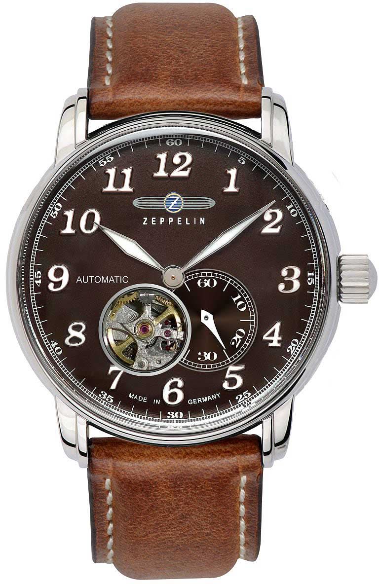 Montre Zeppelin pour homme avec cœur ouvert, bracelet en cuir marron et cadran sombre