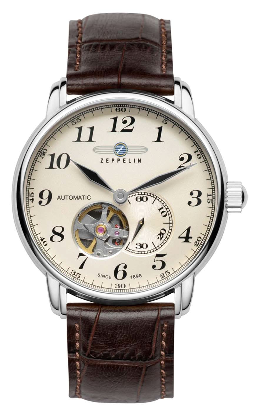 Bracelet de montre pour homme Zeppelin avec bracelet en cuir marron, boîtier argenté et cadran beige