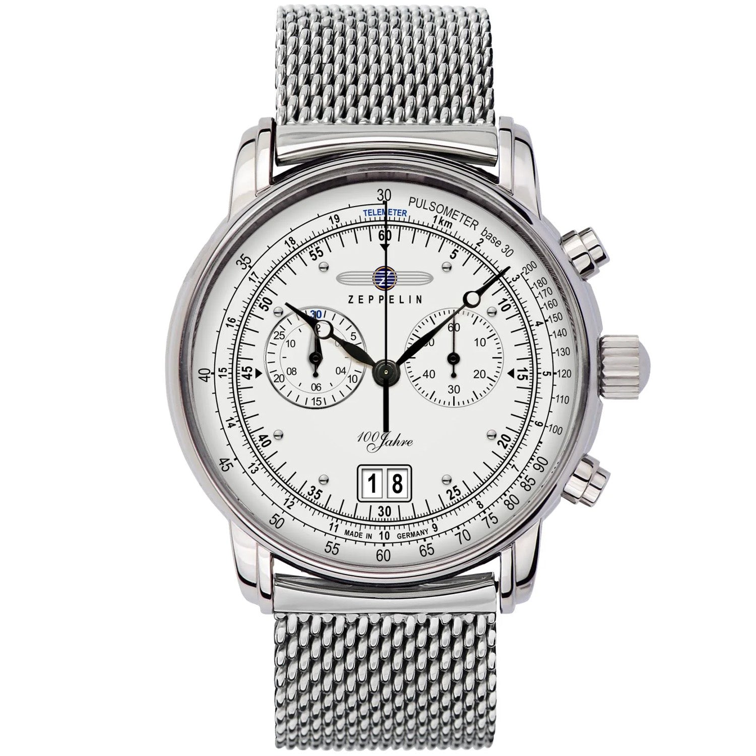 Silberne Herrenarmbanduhr mit weißem Zifferblatt, Chronographenzählern und Metall-Mesharmband