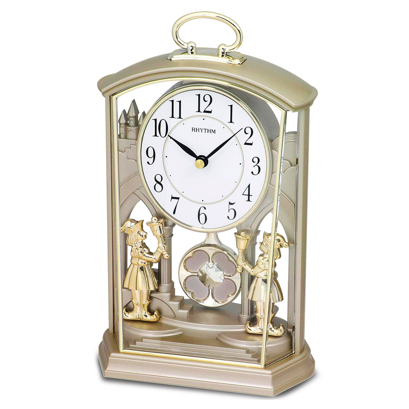 Horloge de table couleur champagne avec façade en verre, chiffres romains et pendule décorative