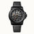 Herrenuhr mit schwarzem Skelettzifferblatt, schwarzem Gehäuse und schwarzem Lederarmband