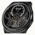 Schwarze Herrenarmbanduhr mit offenem Zifferblatt und sichtbarem Automatikwerk