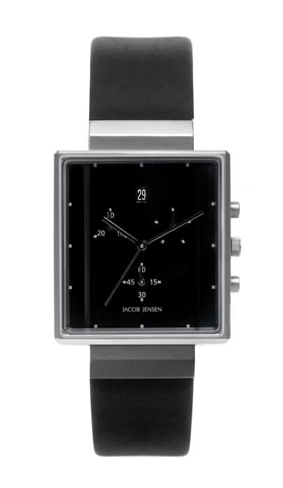 Bracelet de montre rectangulaire pour homme Jacob Jensen, cadran noir et bracelet en cuir noir