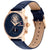 Herrenuhr mit dunkelblauem Zifferblatt, roségoldenem Gehäuse und blauem Lederarmband