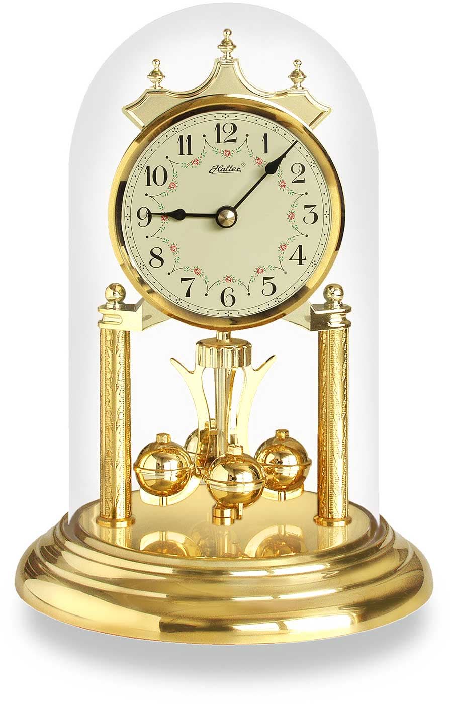 Horloge de table avec cloche en verre, cadran rond et boîtier en métal doré