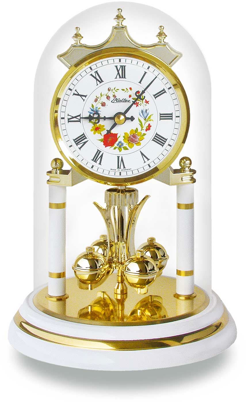 Horloge de table en laiton avec boîtier blanc, cadran rond à chiffres romains et fleurs