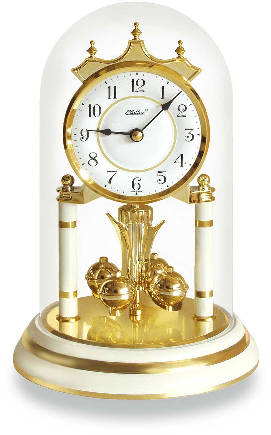 Horloge de table en laiton avec cadran rond et cloche en verre, accents dorés