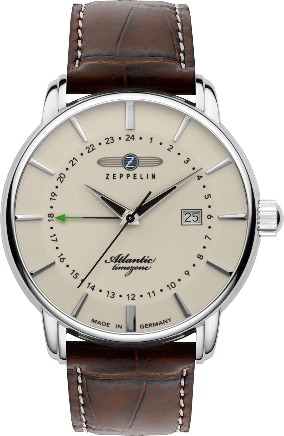 Runde Herrenuhr mit beigem Zifferblatt, braunem Lederarmband und silbernem Gehäuse