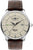 Runde Herrenuhr mit beigem Zifferblatt, braunem Lederarmband und silbernem Gehäuse