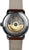 Herrenarmbanduhr Rückseite mit sichtbarem Automatikwerk und braunem Lederband, silbernes Gehäuse