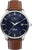 Herrenarmbanduhr mit blauem Zifferblatt, Datumfenster bei 28 und braunem Lederband