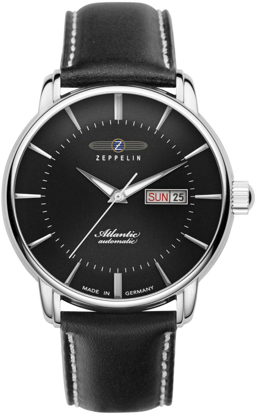 Zeppelin Herrenuhr mit Automatik, schwarzem Zifferblatt, schwarzem Lederband, Datumsfenster