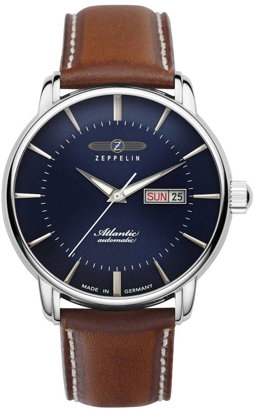 Herrenuhr mit blauem Zifferblatt, braunem Lederarmband und Day-Date-Anzeige bei 3