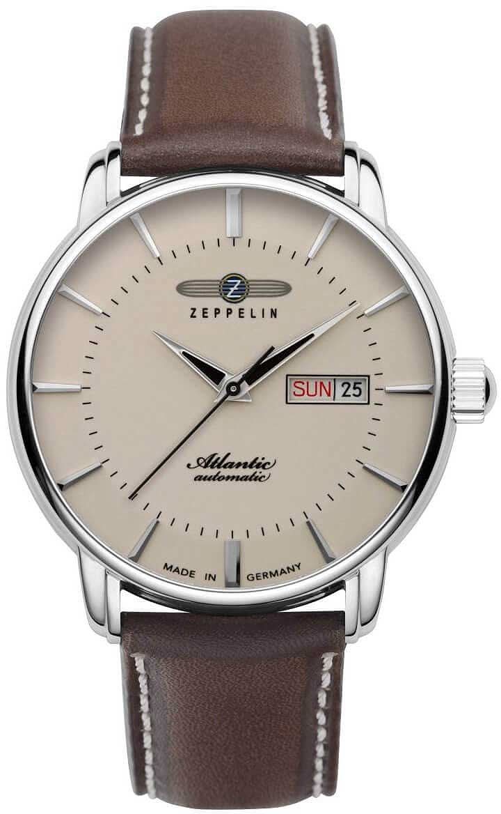 Bracelet de montre pour homme Zeppelin avec cadran beige, bracelet en cuir marron et affichage de la date