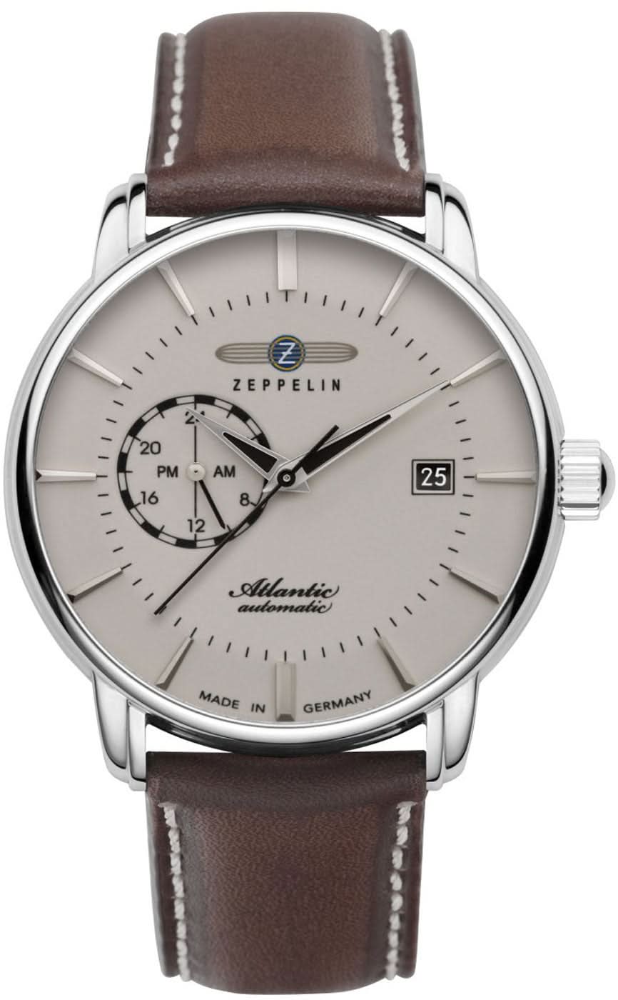 Montre homme avec boîtier rond en acier inoxydable argenté, bracelet en cuir marron et cadran argenté, date 25