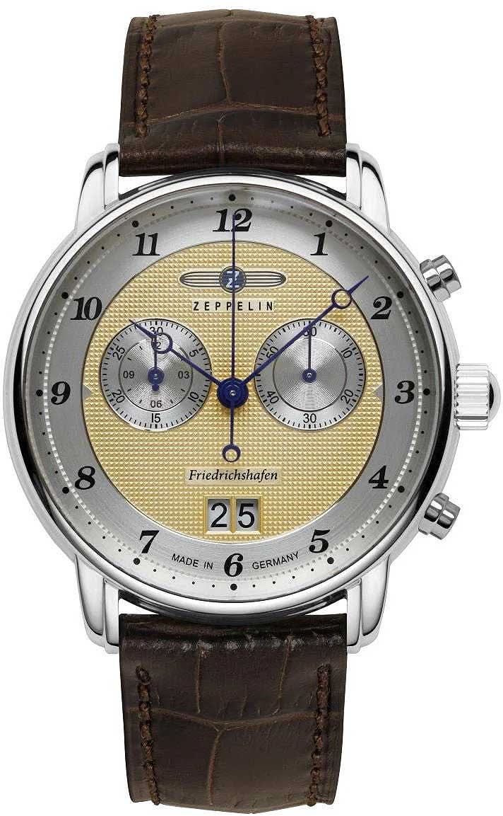 Herrenuhr mit braunem Lederarmband, silbernem Gehäuse und blau akzentiertem Zifferblatt