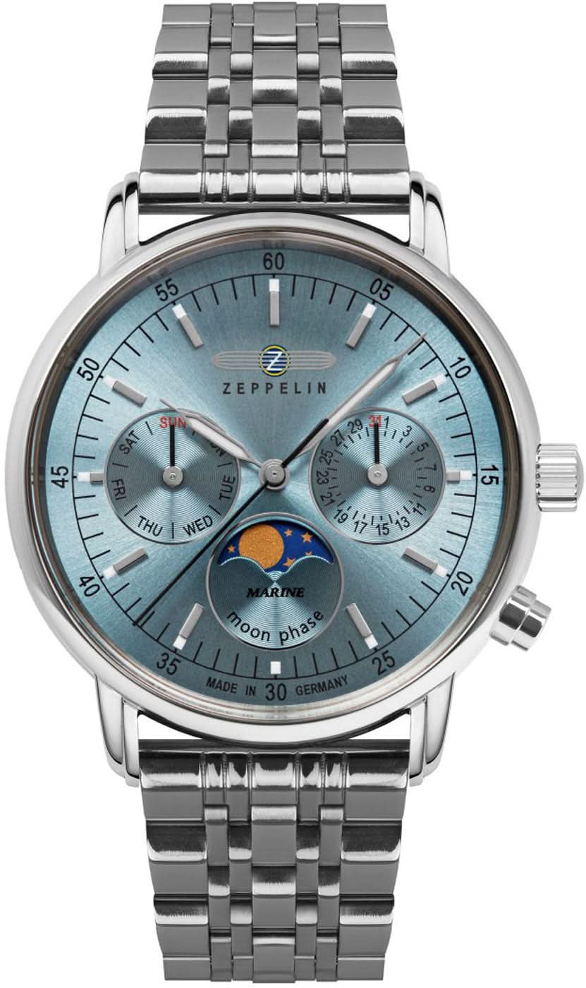 Montre pour femme avec bracelet en métal, cadran bleu et affichage de la phase de lune, boîtier rond