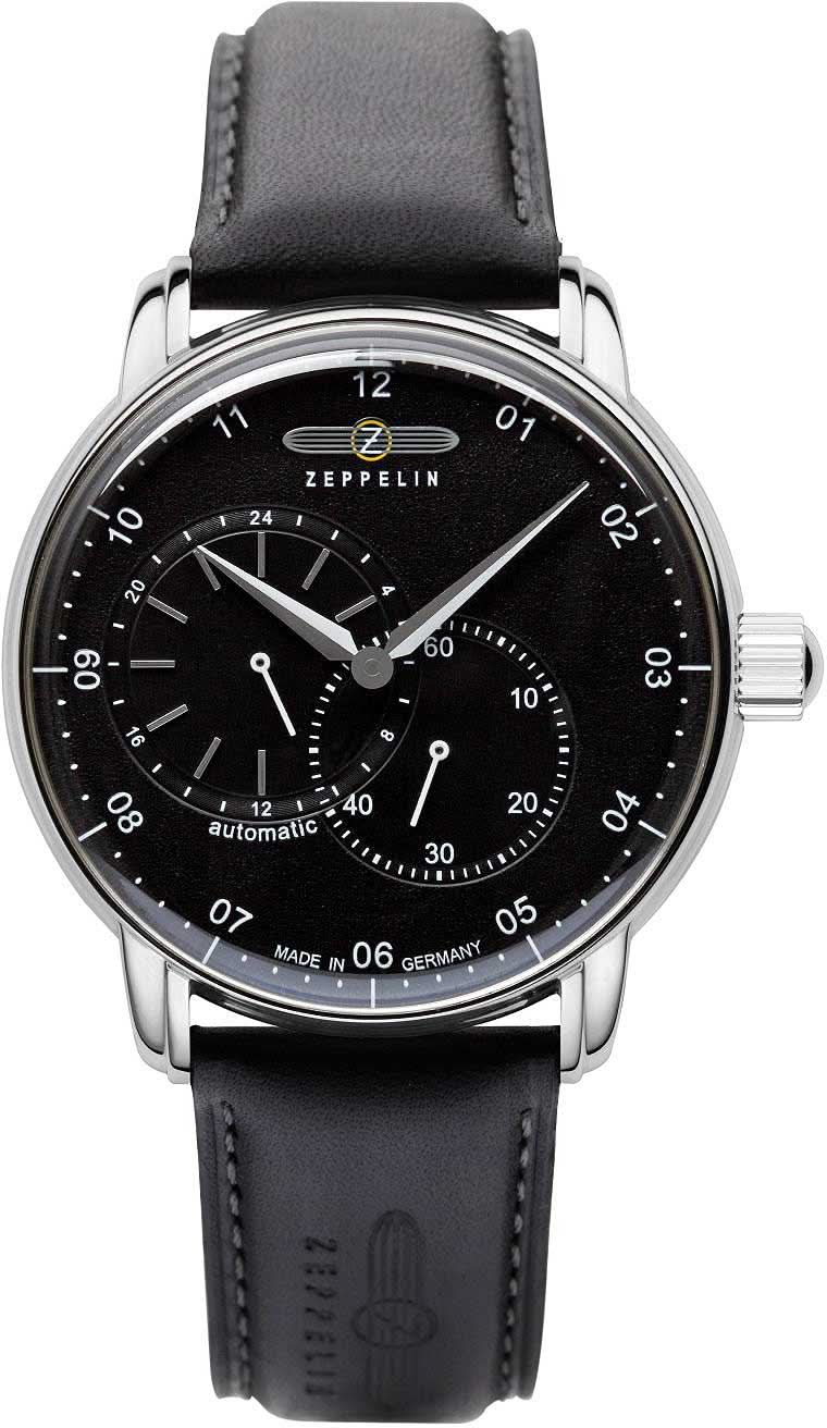Bracelet de montre pour homme avec cadran noir, boîtier argenté et bracelet en cuir, automatique