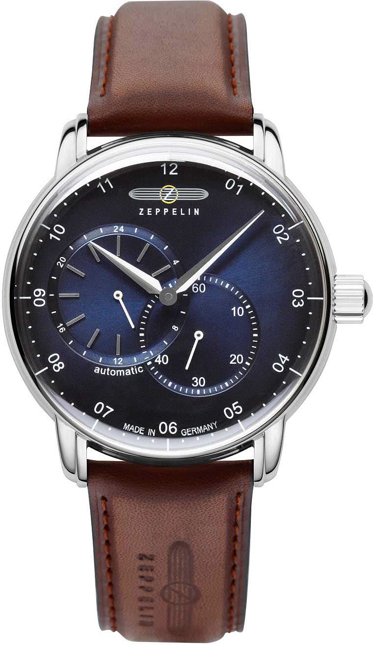 Montre pour homme : bracelet en cuir marron, boîtier argenté, cadran bleu avec compteurs